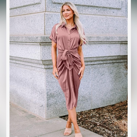 Amazon Button Down Ruched Short Sleeve Pink Shirt Dress, NWOT - Picture 6 of 6